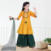 Dupion silk A-line kurta sharara set with printed pattern and three-quarter sleeves, suitable for girls aged 2-12 years. Indian fashion